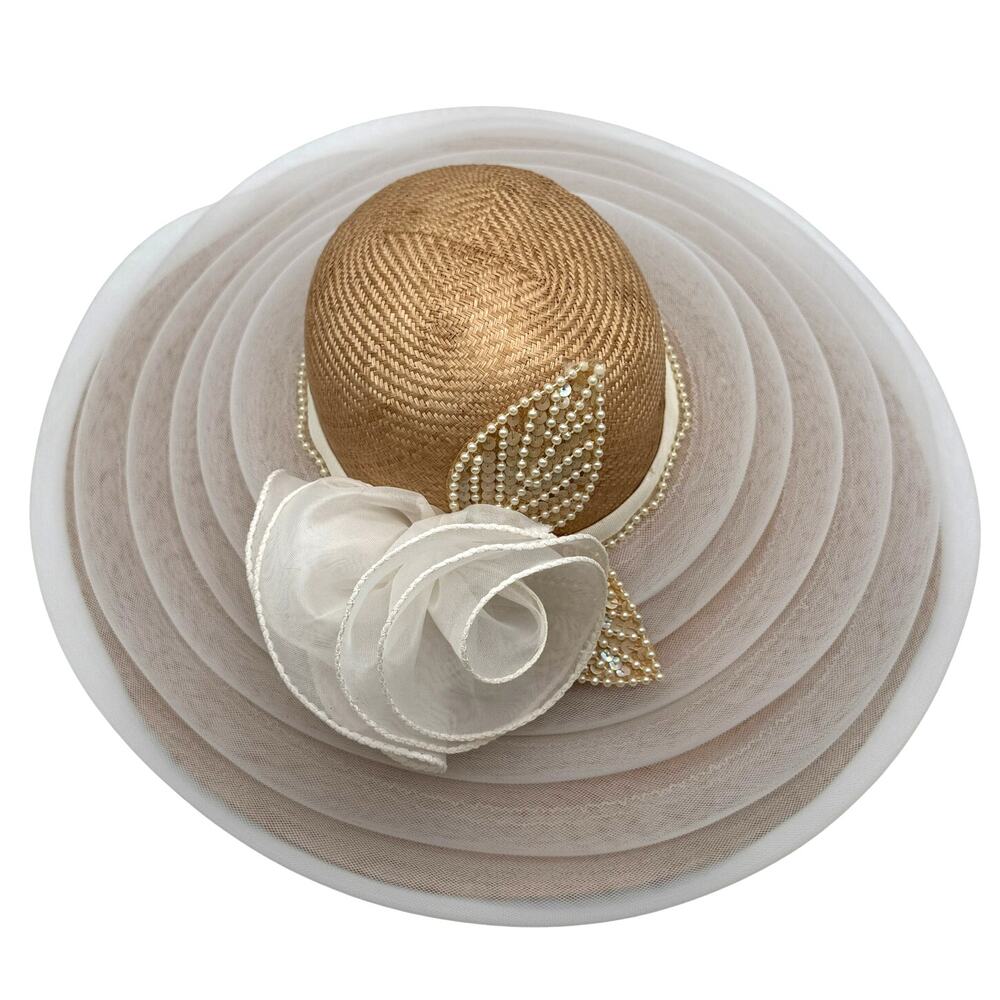 Vintage Cache Wide Brim Straw Fascinator Hat Ivory Pearl Derby Church One Size